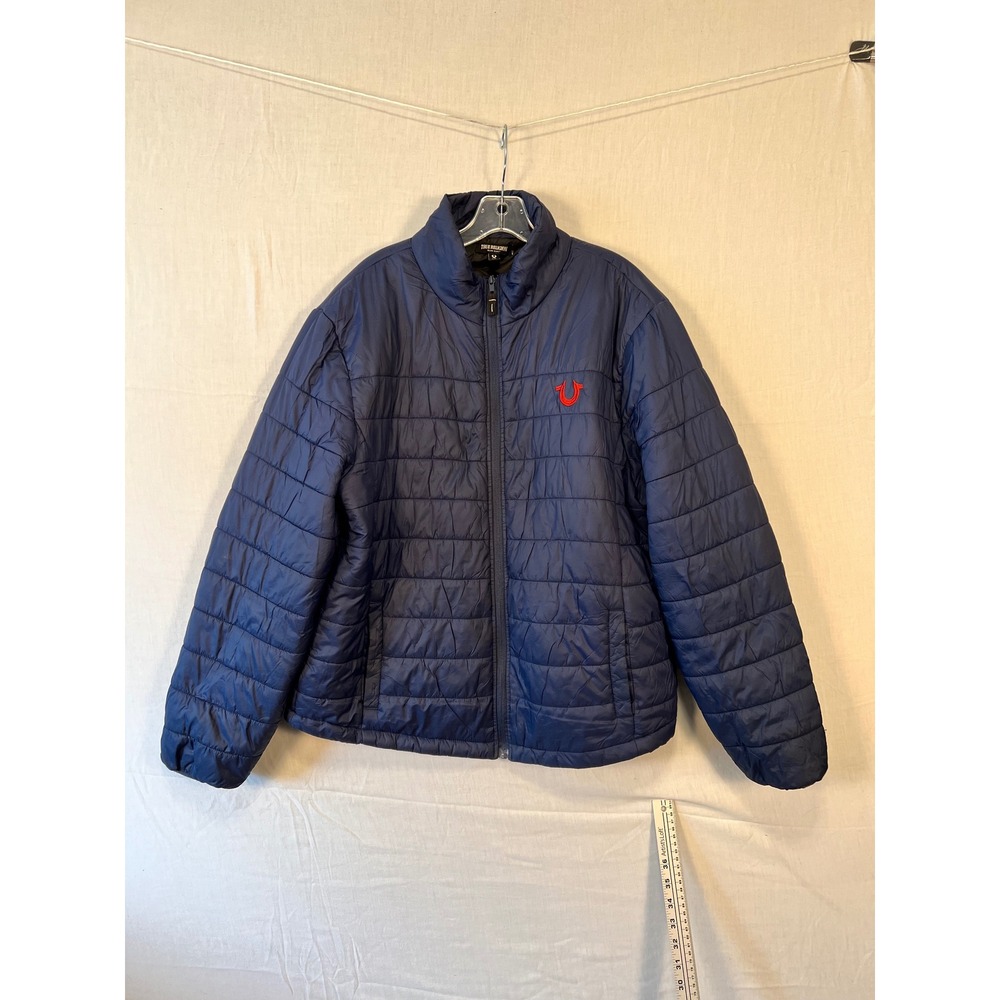 True Religion Mens Navy Blue Quilted Puffer Jacket Full Zip Logo Large 3455